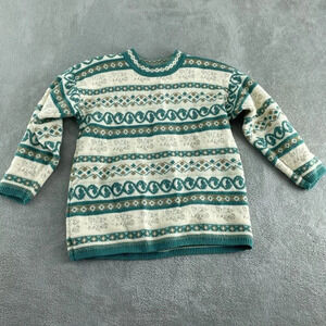 Vintage Forelli Womens 1X Knit Sweater Teal & Beige Pattern Long Sleeve  4951